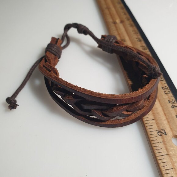 Braided Leather Adjustable Bracelet Brown Twist Cord Unisex Rustic Cuff Handmade - Picture 5 of 5